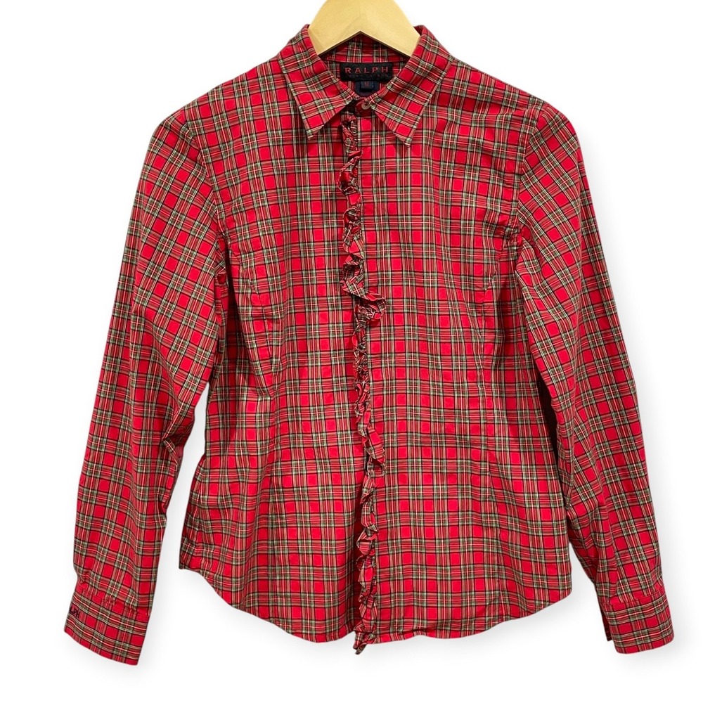Y2K Ralph Lauren Red Green Plaid Ruffle Button Shirt Womens M Christmas Preppy